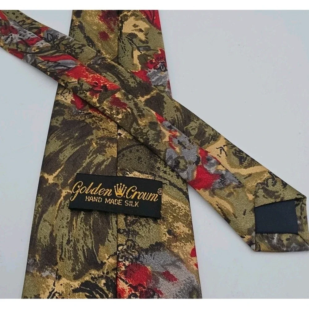 Vintage Golden Crown Mens Neck Tie 100% Silk Floral Multicolor Handmade USA